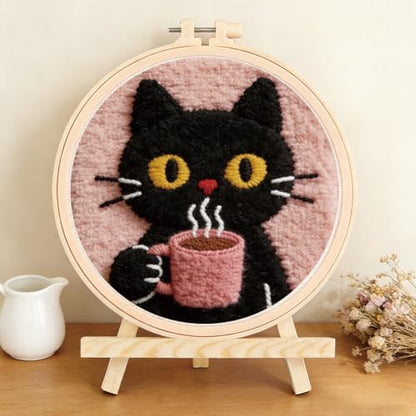 FREEBLOSS DIY Coffee Cat Punch Needle Kit for Beginners Embroidery Punch Needle Starter Craft Set with Instructions Frame Embroidery Kit for Adults Gift Decoration, 7.9"/20cm - Image 4