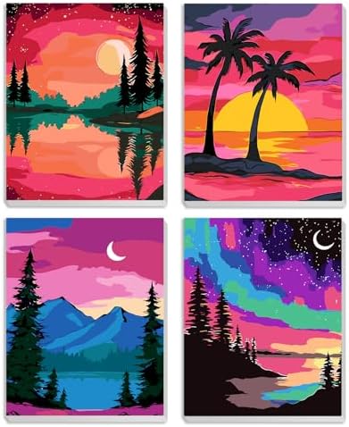 MXJSUA 4 Pack Moonlight Mountain Lake Framed Paint by Numbers Kit with Canvas for Adults Beginner, DIY Acrylic Oil Painting Kits with Brushes for Home Wall Decor Gift (8x10 inch) by MXJSUA-DiamondPaintingkits