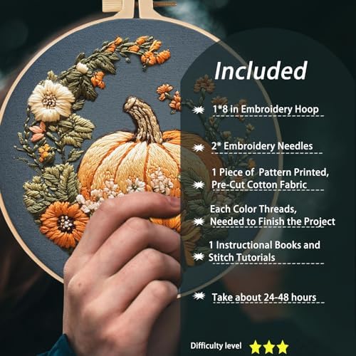 FONNUY Pumpkin Embroidery Kit for Beginners, Pre-Stamped Pattern Kits for Adults with Hoop, Easy to Follow Color Thread Needlework, 8'' Hoop (Yellow) - Image 3