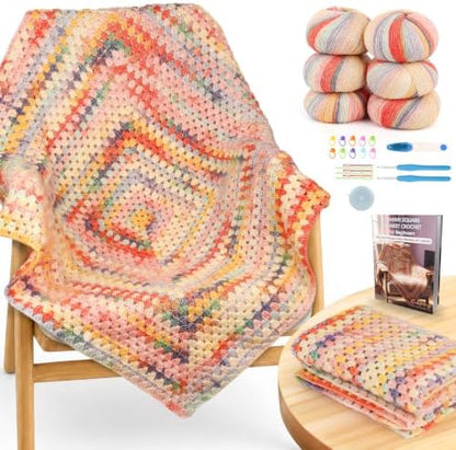 Coopay Crochet Kit for Beginners, Variegated Granny Square Blanket Kit by Coopay