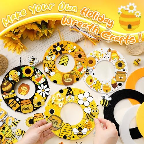 32 Sets Bee Wreath Crafts Kits DIY Summer Felt Bee Wreath Hanging Ornaments with Sunflower Honey Flower Gnome Hive Stickers Crafts Make Your Own for Home Summer Party Decor - Image 2