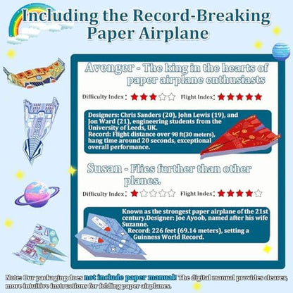 Paper Airplane Kits with 16 Classic Designs, 32 Sheets of Colorful Origami Paper, World Record Paper Planes, Craft Kit for Kids, Airplane Gifts for Boys and Girls Ages 6-12+ (Digital Manual Only) - Image 2