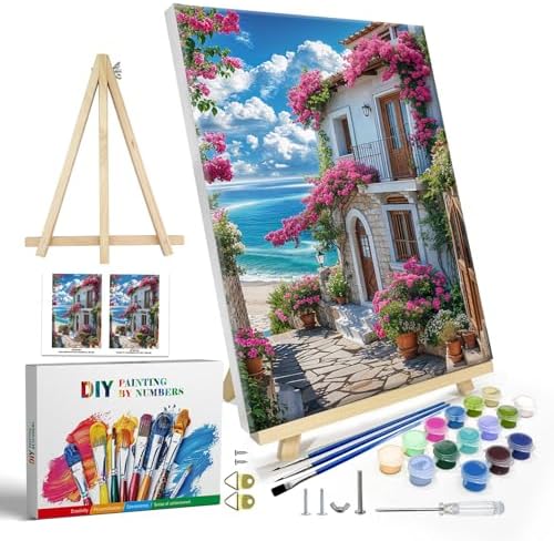 JOOZ Paint by Numbers Kit for Adults with Frame, Seaside Scene Paint by Number with Easel, DIY House Flowers Oil Painting by Numbers, Adult Paint by Number Kits Landscape for Wall Decor 8x12 Inch by Jooz