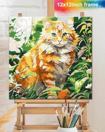TOCARE Framed Paint by Numbers Kit for Adults Beginners,12x12inch Orange Cat Paint by Number with Frame,Easy Cat Paint by Numbers Framed Canvas (Without Easel) - Image 6