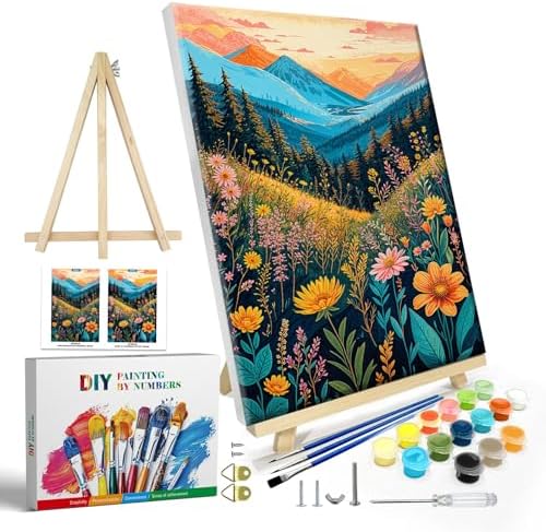 JOOZ Mountain Paint by Numbers Kit for Adults with Frame, Flowers Paint by Number with Easel, DIY Landscape Adult Paint by Number Kits Framed Canvas for Home Wall Decor 8 x 12 Inch by Jooz