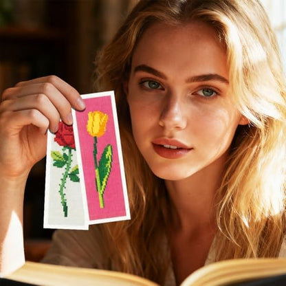 INFUNLY 6PCS Cross Stitch Bookmark Kit for Adults Rose Tulip Stamped Embroidery Bookmark Kit with Backing Felt Floss Instruction for Book Lovers Readers - Image 7
