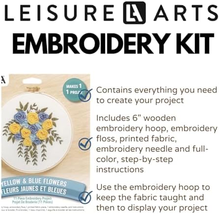 LEISURE ARTS Embroidery Kit 6" Yellow & Blue Flowers - Embroidery Kit for Beginners and Adults, Cross Stitch Kits with Patterns, DIY Starter Set for Seasonal Craft Projects - Image 2