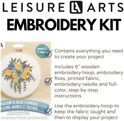 LEISURE ARTS Embroidery Kit 6" Yellow & Blue Flowers - Embroidery Kit for Beginners and Adults, Cross Stitch Kits with Patterns, DIY Starter Set for Seasonal Craft Projects - Image 2