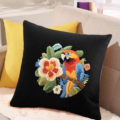 FONNUY Embroidery Kit for Beginners, Birds with Flowers Pre-Stamped Pattern Kits for Adults with Hoop, Easy to Follow Color Thread Needlework, 8'' Hoop (Orange Parrot) - Image 2