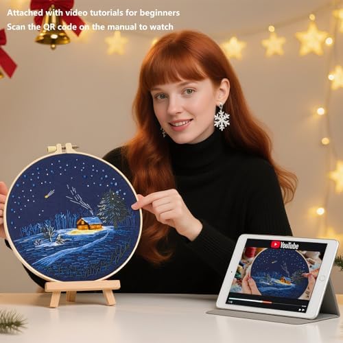 Christmas Embroidery Kits for Beginners Adults, Winter Hand Embroidery Starter Kits, Christmas Cross Stitch Kits for Beginners Needlepoint DIY Kits for Adults, Embroidery Hoop, Thread & Video Tutorial - Image 3
