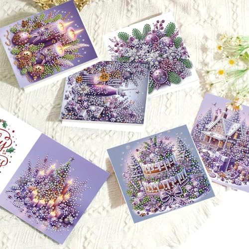 6Pcs Christmas Greeting Card DIY Diamond Art Painting Greeting Cards Blessing Folding Card Kit with White Envelopes Diamond Arts Crafts for Birthday Festival Gift-Purple - Image 4