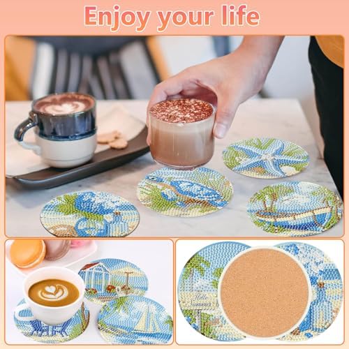 hkejoi 8 Pcs Beach Diamond Art Coasters Kit for Adults, Beach Diamond Painting Coasters with Holder, 5D Gem Art DIY Crafts Diamond Dots for Gift Life - Image 4