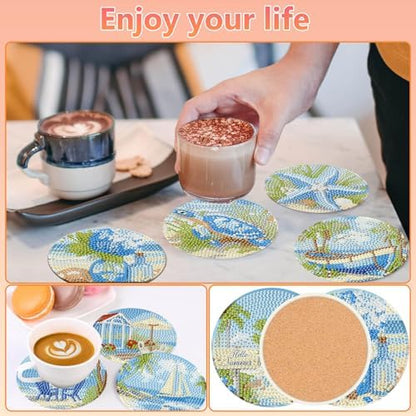 hkejoi 8 Pcs Beach Diamond Art Coasters Kit for Adults, Beach Diamond Painting Coasters with Holder, 5D Gem Art DIY Crafts Diamond Dots for Gift Life - Image 4