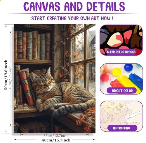 Clendo Sleeping Cat Paint by Numbers Kit for Adults - Bookshelf Paint by Numbers for Adults Beginner, DIY Acrylic EasyPainting by Number on Canvas Home Wall Decor 16”W x 20”L - Image 2