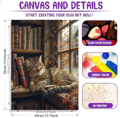 Clendo Sleeping Cat Paint by Numbers Kit for Adults - Bookshelf Paint by Numbers for Adults Beginner, DIY Acrylic EasyPainting by Number on Canvas Home Wall Decor 16”W x 20”L - Image 2