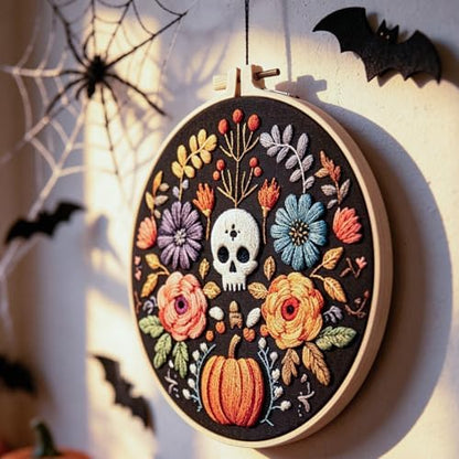 FONNUY Halloween Embroidery Kits for Beginners,Skull Pumpkin Spider Web Floral Stamped Cross Stitch Kit for Adults, Spooky Season Boho Wall Decor, 8'' Hoop (Skull 2) - Image 4