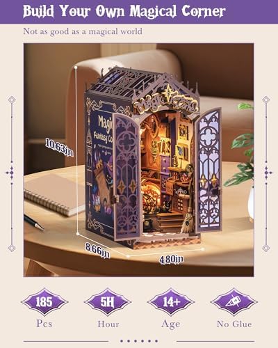 ROBOTIME Book Nook Kit, DIY Miniature House Kit, 3D Wooden Puzzle Bookends, Witch Study Room Bookshelf Decor, Creative Unique Gifts for Adults (Magic Fantasy Corner) - Image 3