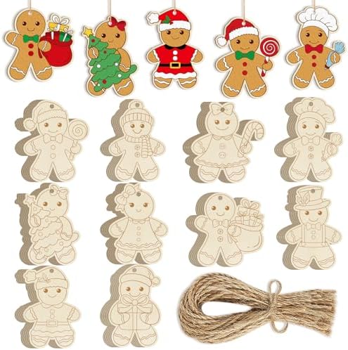80PCS Wooden Christmas Ornaments to Paint, 8 Styles DIY Blank Unfinished Wood Gingerbread Man Cutouts Ornament for Crafts Winter Hanging Decorations by Sophena
