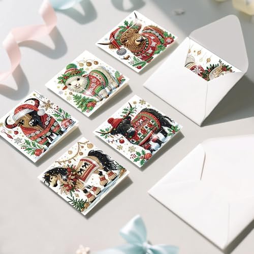 jinglinhh 6pcs Christmas Yak Horse Sheep Diamond Art Painting Greeting Cards with Envelopes, DIY Card Making Kits for Adults, Diamond Art Postcards Christmas Cards Craft Gifts - Image 7