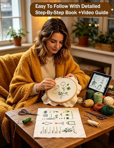 Roofo Embroidery Stitch Book Kit for Beginners, DIY Hand Sewing Embroidery Book 8×6" Starter Set for Adults Cross Stitch Kits with Colors Threads and Tools&Video Tutorials - Image 2