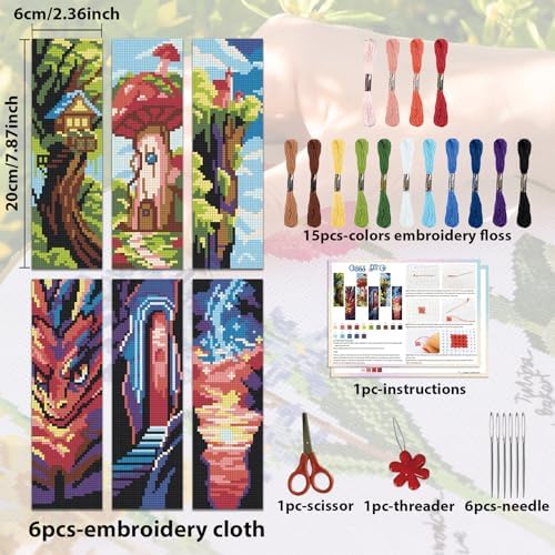 ACRNIGHEET 6 PCS Cross Stitch Bookmark Kit DIY Bookmarks Cross Stitch Kits Stamped Embroidery Bookmarks for Adults Beginners Fantasy Pattern Bookmarks with Instructions Hand Craft Gift, 7.87''x2.36'' - Image 2