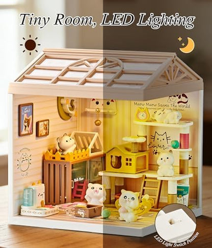Cat Pet Life Shop DIY Miniature House Kit with Roof & LED Light, Stackable & Connectable Dollhouse Kit with Dustproof Door, Creative DIY Crafts Building Toy Gift for Adults Teens - Image 6