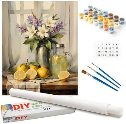 Still Life Paint by Numbers Kit for Adults - DIY Lemons and Flowers by Window Painting on Rolled Canvas 16x20 Inches, Acrylic Paint Set, Suitable for Beginners, Art for Home Decor or Gifts by Unknown