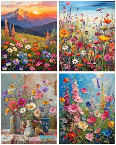 Clendo 4PCS Flowers Paint by Numbers Kit for Adults Beginner, Wild Floral Adult Paint by Number Kits on Canvas, Oil Painting Kit for Beginners Gift Home Wall Decor（12 * 16inch） by Clendo