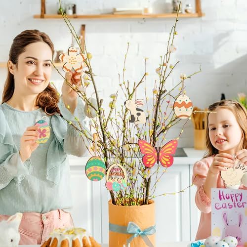 80PCS Wooden Easter Ornaments to Paint, 8 Styles DIY Blank Unfinished Wood Cutouts Ornament for Crafts Hanging Decorations, Egg Rabbit Bunny Butterfly Flower Hen Happy Easter - Image 2