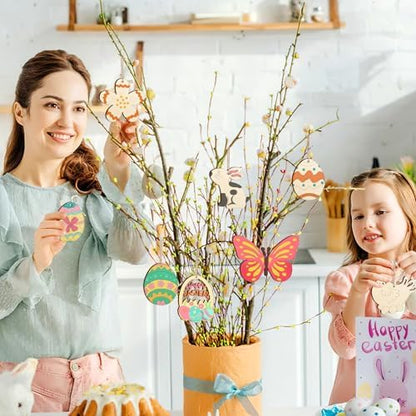 80PCS Wooden Easter Ornaments to Paint, 8 Styles DIY Blank Unfinished Wood Cutouts Ornament for Crafts Hanging Decorations, Egg Rabbit Bunny Butterfly Flower Hen Happy Easter - Image 2