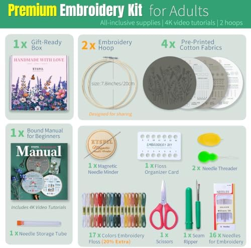ETSPIL Embroidery Kit for Adults, 2 Hoops, 4K Slow-Mo, Pre-Printed Patterns - Image 3