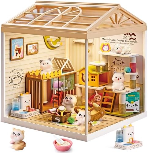 Cat Pet Life Shop DIY Miniature House Kit with Roof & LED Light, Stackable & Connectable Dollhouse Kit with Dustproof Door, Creative DIY Crafts Building Toy Gift for Adults Teens by Unknown