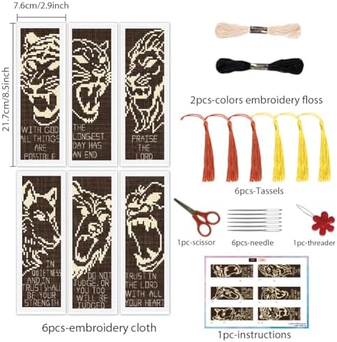 INFUNLY 6 Pack Fierce Animal Cross Stitch Bookmark Kit, Lion Tiger Pre-Printed Pattern, Stamped Embroidery Bookmarks for Adults Beginners, DIY Gift for Book Readers - Image 3