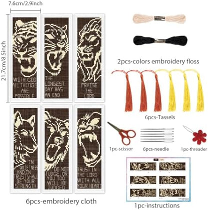 INFUNLY 6 Pack Fierce Animal Cross Stitch Bookmark Kit, Lion Tiger Pre-Printed Pattern, Stamped Embroidery Bookmarks for Adults Beginners, DIY Gift for Book Readers - Image 3