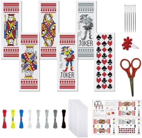 FREEBLOSS 6 Set Cross Stitch Bookmarks Kit Poker Stamped Cross Stitch Kit DIY Embroidery Bookmark Set with Instruction for Adults Beginners Gift for Reading Enthusiasts 8 * 2.4inch 11CT by FreeandCreativeCraftsArt
