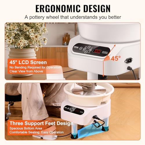 VEVOR 11 inch Pottery Wheel for Adults, 450W Forming Machine with Direct Drive Motor and LCD Touch Screen, 50-300RPM Speed Adjustable Foot Pedal Detachable Basin, for Art Craft Work Home DIY, White - Image 6
