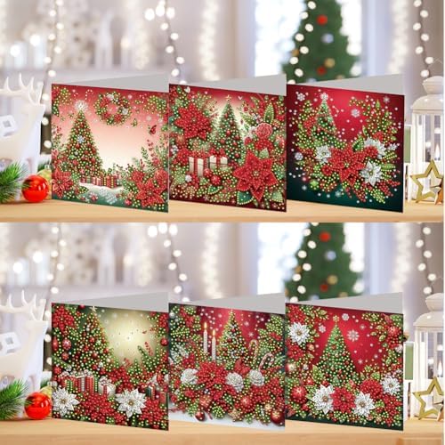 jinglinhh 6pcs Diamond Art Painting Christmas Tree Poinsettia Atmosphere Greeting Cards with Envelopes, DIY Card Making Kits for Adults, Diamond Art Postcards Christmas Cards Craft Gifts - Image 4