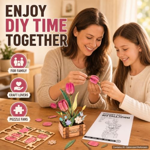 Evankin 3D Wooden Pink Tulip Puzzle Kit, DIY Bouquet Model - Image 6