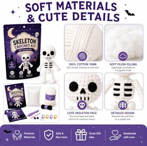 Halloween Skeleton Crochet Kit for Beginners, DIY Amigurumi Kit - Image 6