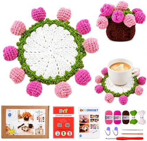 Yarniss Beginners Crochet Kit, Tulip Flower Coaster Set w/Video Guide by Yarniss