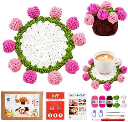 Yarniss Beginners Crochet Kit, Tulip Flower Coaster Set w/Video Guide by Yarniss