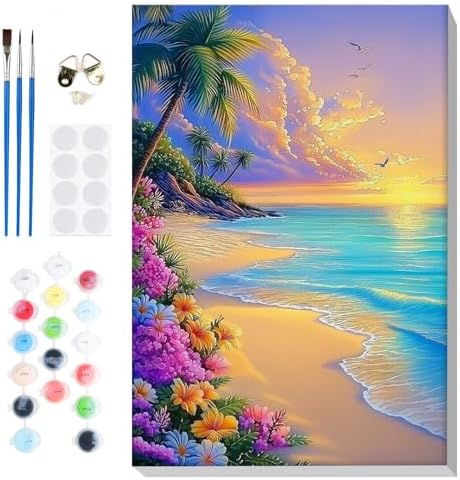 Bowetile Framed Paint by Numbers Sea for Adults Beginners, Adults' Paint-by-Number Landscape Kits, Easy Adult Paint by Number Kits on Canvas, Acrylic Number Painting for Home Decor, 8x12in by BOWETILE