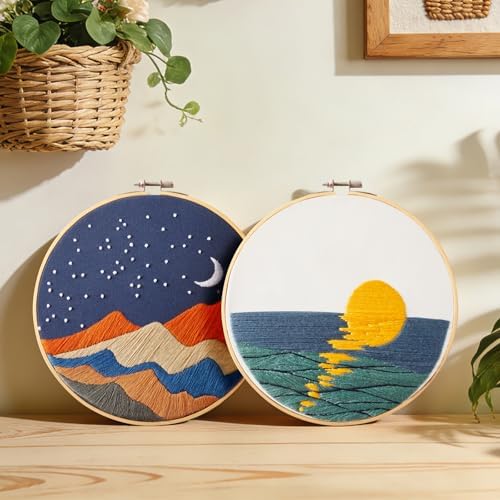 Armindou Hand Embroidery DIY Kits for Beginners Adults, Sea Sunrise Embroidery Set Needlepoint Kits, Stamped Cross Stitch Kits for Beginners Adults, 2 Embroidery Hoops, Fabric(Attached Video Tutorial) - Image 3