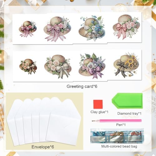 LazyFold 6Pcs DIY Diamond Art Painting Greeting Cards with Envelopes, Flower Hats All Occasion Note Card Kit for Women, Handmade Thank You Birthday Friendship Cards Gift - Image 3