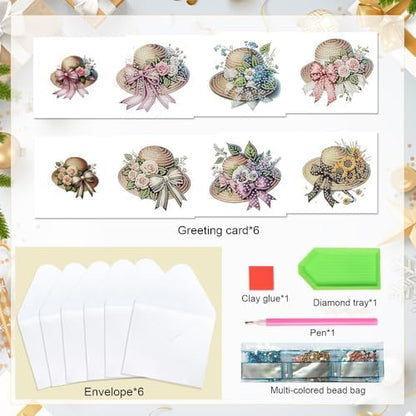 LazyFold 6Pcs DIY Diamond Art Painting Greeting Cards with Envelopes, Flower Hats All Occasion Note Card Kit for Women, Handmade Thank You Birthday Friendship Cards Gift - Image 3