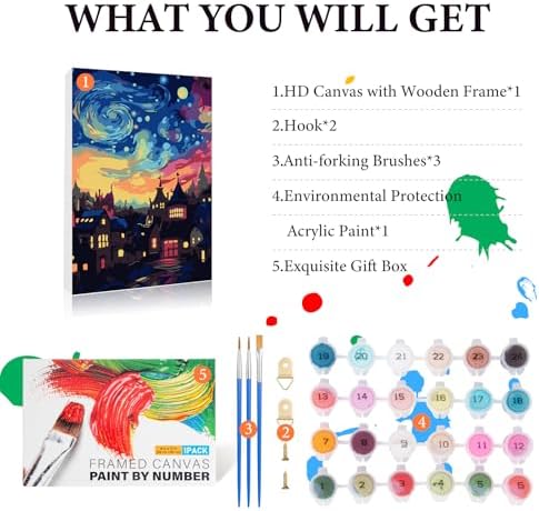 Framed Paint by Numbers Kit for Adults Beginner & Kids Ages 8-12, Starry Night Paint by Number with Frame, Acrylic Abstract Landscape Painting by Numbers Kit on Canvas 8x12 inch for Home Wall Decor - Image 4