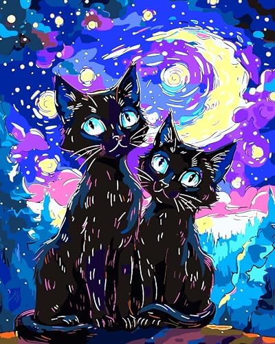 Yunnuo Paint by Numbers Kit for Adults Beginner,Two Black Cats Paint by Numbers, Starry Night Cat Number Painting Suitable for Home Wall Decoration and Gifts (16x20 Inch) by Yunnuo-premiumdiyartpaintingkits