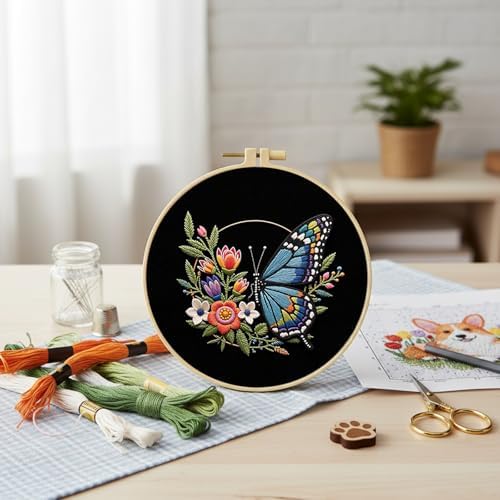 FRANDEK Flower Blue Butterfly Stamped Embroidery Kit with Hoop for Adults - Image 4