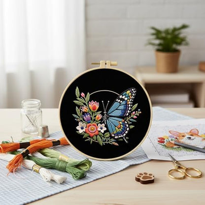 FRANDEK Flower Blue Butterfly Stamped Embroidery Kit with Hoop for Adults - Image 4