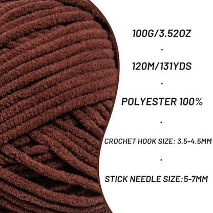 3 Packs Plush Chenille Chunky Crochet Yarn - Baby Yarn for Crocheting Soft - Velvet Yarns Knitting for Blankets Crafts - Fluffy Amigurumi Yarns 300g / 393yd (3 Dark Coffee) - Image 2